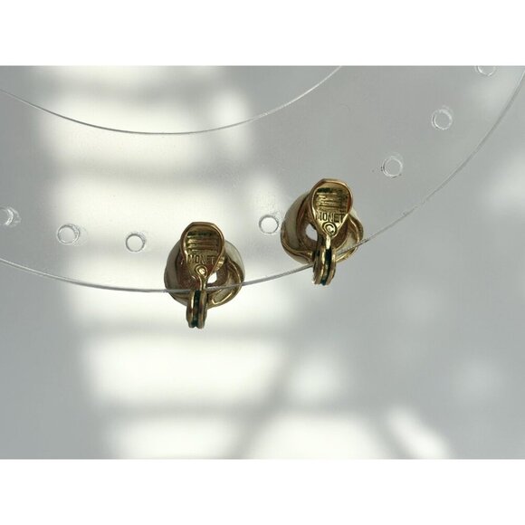Vintage Ivory Enamel Braided Tiny Classy Monet Signed Clip On Stud Earrings - Picture 3 of 7
